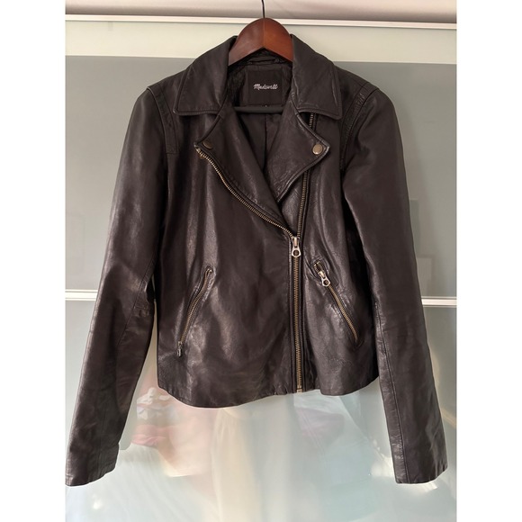 Madewell Womens Black Washed Leather Motorcycle Jacket Medium Edgy Moto Grunge - Picture 2 of 13